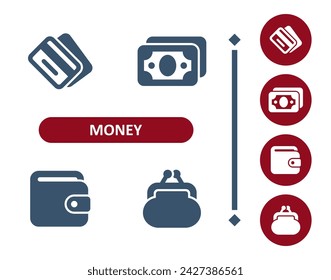 Money icons. Dollar, bill, banknote, cash, credit card, wallet, change purse, coin purse icon. Professional, 32x32 pixel perfect vector icon.