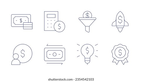 Money icons. editable stroke. Containing money, calculator, earnings, money transfer, sales funnel, rocket, light bulb, badge.