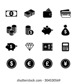 Money Icons. Finance Icon. Currency Icon. Silhouette. Buttons. Vector. Illustration