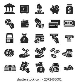 Money icons, financial business, finance, bank, savings, payment icon. Dollar bills, banknotes and coins, atm silhouette symbols vector set. Commerce, transfer or investment concept