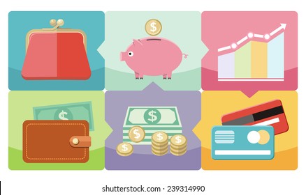 Money icons in flat design style on multicolor background. Different item icons such as dollar money graph purse coin box pig bank