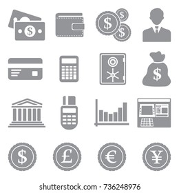 Money Icons. Gray Flat Design. Vector Illustration. 