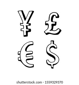 Money icons illustration. Vector hand draw style signs.