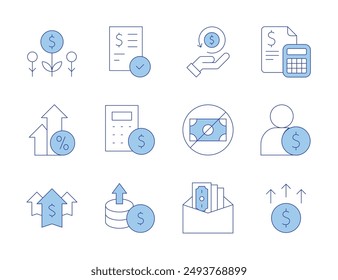 Money icons. Line Duotone style, editable stroke. investment, arrows, income, increase, calculator, bank check, employee, no money, cashback, bribe.
