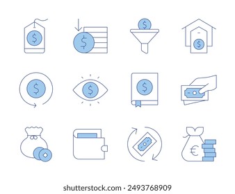 Geld-Symbole. Line Duotone Stil, bearbeitbare Strich. Geld, Verdienst, Haus, Geschäft, Verkaufstrichter, Geldbörse, Auge, Preis Tag, Return of Investment, Geldbeutel.