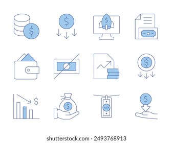 Money icons. Line Duotone style, editable stroke. money, money loss, expense, salary, no, money laundering, report, startup, cost, business, increase.