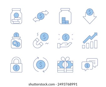 Iconos de dinero. Línea Duotone estilo, trazo editable. divisas, ahorro, tarro, bloqueo, transacción, imán, aumento, bajo Precio, Asistencia, Ahorra dinero, dinero.