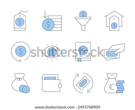 Money icons. Line Duotone style, editable stroke. money, earnings, house, business, sales funnel, wallet, eye, price tag, return of investment, money bag.