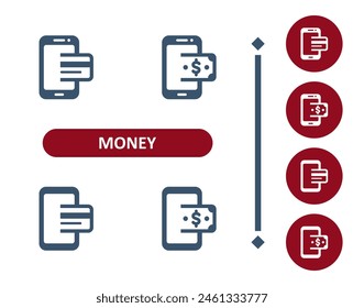 Money icons. Mobile Banking, Online Banking, Online shopping, e-commerce, smartphone, credit card, dollar bill, mobile phone icon. Professional, 32x32 pixel perfect vector icon.