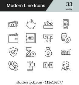 Money icons. Modern line design set 33. For presentation, graphic design, mobile application, web design, infographics. Vector illustration.