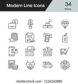 Money icons. Modern line design set 34. For presentation, graphic design, mobile application, web design, infographics. Vector illustration.