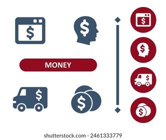 Money icons. Online banking, e-commerce, website, head, armored truck, coins icon. Professional, 32x32 pixel perfect vector icon.