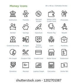 Money Icons - Outline styled icons, designed to 48 x 48 pixel grid. Editable stroke.