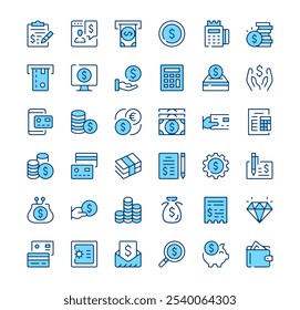 Money icons. Outline symbols. Vector blue line icons set