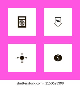 money icons. parcel four directions, calculator, percent down and dollar coin vector icons set