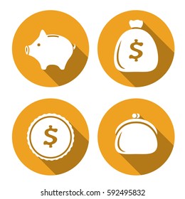 Money icons piggy bank, purse, coin, bag of money flat design