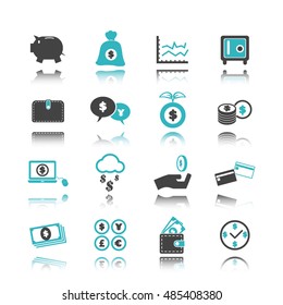 money icons with reflection isolated on white background
