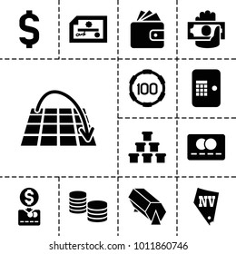Money icons. set of 13 editable filled money icons such as wallet, vegas, check, move on map, atm, 100 casino chip, credit card, lottery, dollar