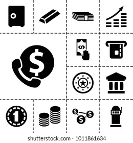 Money icons. set of 13 editable filled money icons such as gold, safe, bank, bank support, coin, 1 casino chip, casino chip, slot machine, cash payment, dollar sign