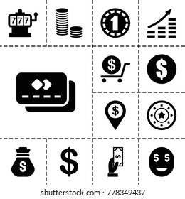 Money icons. set of 13 editable filled money icons such as slot machine, coin, casino chip, payment, dollar, coin, dollar location, 1 casino chip, credit card
