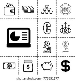Money icons. set of 13 editable outline money icons such as dollar, chart on display, wallet, euro, gold