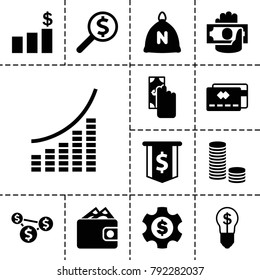 Money icons. set of 13 editable filled money icons such as sack, cash payment, credit card, dollar sign, coin, dollar gear, wallet