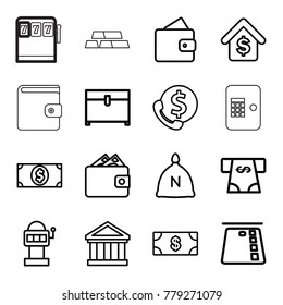 Money icons. set of 16 editable outline money icons such as sack, wallet, chest, slot machine, bank, bank support, credit card in atm, buying a house, atm, slot machine