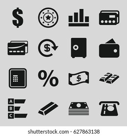Money icons set. set of 16 money filled icons such as atm, Casino chip, gold, card, dollar, statistic, percent, crown, wallet, credit card, graph