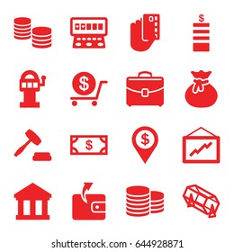 Money icons set. set of 16 money filled icons such as coin, dollar, wallet, lottery, slot machine, graph, case, auction, dollar location, slot machine, sack, bank