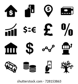 Money icons set. set of 16 money filled icons such as coin, payment, lottery, slot machine, graph, buying a house, percent, dollar location, credit card, bank