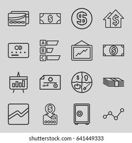 Money icons set. set of 16 money outline icons such as credit card, graph, line chart, card, chart, dollar coin, safe, dolar growth, check, statistic