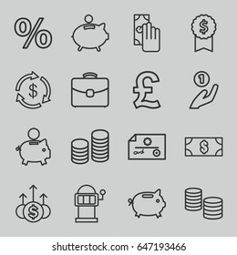 Money icons set. set of 16 money outline icons such as slot machine, case, coin, piggy bank, cash payment, coin on hand, check, dollar award, pound