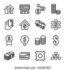 Money icons set. set of 16 money outline icons such as lottery, slot machine, buying a house, card, coin, dollar, dollar gear, dolar growth, credit card in hand