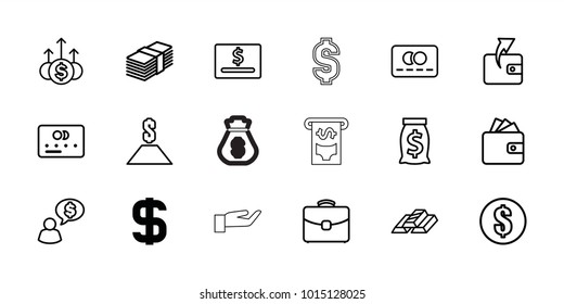 Money icons. set of 18 editable outline money icons: dollar, credit card, wallet, dollar card, case, gold bar