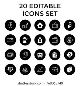 Money icons. set of 20 editable filled and outline money icons such as dollar down, slot machine, credit card in hand, bank support, house sale, chart, euro, wallet, graph