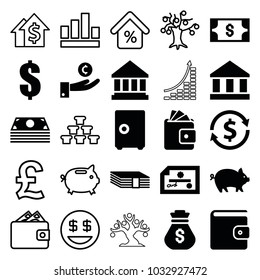 Money icons. set of 25 editable filled and outline money icons such as pig, dollar, safe, hand on coin, check, graph, dollar smiley, dolar growth, pound, gold, mortgage