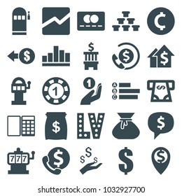 Money icons. set of 25 editable filled money icons such as slot machine, 1 casino chip, vegas, dollar, coin, slot machine, dollar sign in cloud, dolar growth, bank