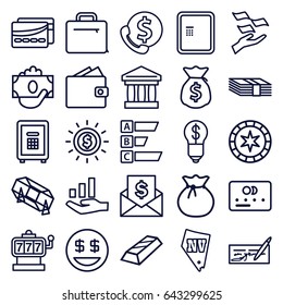 Money icons set. set of 25 money outline icons such as atm, credit card, slot machine, lottery, vegas, safe, case, card, graph on hand, dollar smiley, sack, bulb with dollar