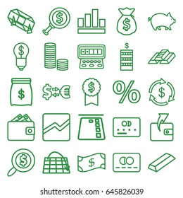 Money icons set. set of 25 money outline icons such as pig, credit card, coin, wallet, gold, lottery, slot machine, line chart, search dollar, graph, gold bar, wallet