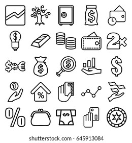 Money icons set. set of 25 money outline icons such as casino bet, line chart, mortgage, wallet, graph on hand, dollar, creadit card payment, purse, bulb with dollar, safe