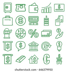 Money icons set. set of 25 money outline icons such as wallet, safe, coin, slot machine, graph, bank, case, dollar, dollar coin, euro, creadit card payment, coin on hand