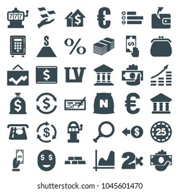 Money icons. set of 36 editable filled money icons such as slot machine, payment, wallet, casino bet, euro, coin, graph, slot machine, dolar growth, check, dollar search, bank