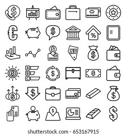 Money icons set. set of 36 money outline icons such as atm, wallet, casino chip, dollar down, gold, wallet, vegas, chest, bank, case, lot price, mortgage, chart