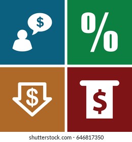 Money icons set. set of 4 money filled icons such as dollar down