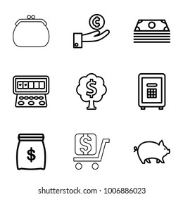 Money icons. set of 9 editable outline money icons such as pig, slot machine, hand on coin, safe, dollar