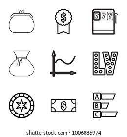 Money icons. set of 9 editable outline money icons such as vegas, money, casino chip, dollar award, statistic, slot machine, sack, purse