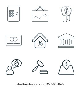 Money icons. set of 9 editable outline money icons such as lot price, mortgage, auction, man thinking about money, credit card, atm, graph, bank