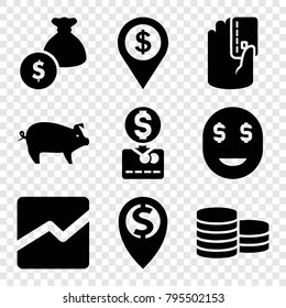 Money icons. set of 9 editable filled money icons such as line chart, dollar location, pig, dollar smiley
