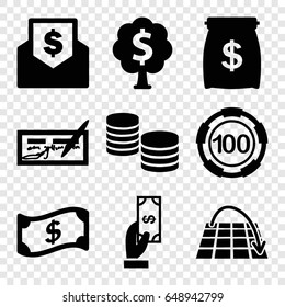 Money icons set. set of 9 money filled icons such as 100 casino chip, payment, move on map, crown, envelope with dollar bill