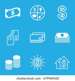 Money icons set. set of 9 money filled and outline icons such as coin, marketing, crown, coin, creadit card payment, money, credit card, dolar growth